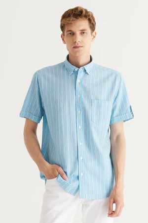 AC&Co / Altınyıldız Classics Men's Blue Comfort Fit Comfy Cut Buttoned Collar Cotton Striped Short Sleeve Shirt.