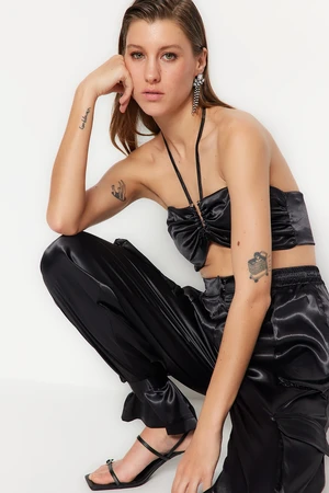 Trendyol Black Crop Lined Woven Satin Bustier With Accessories