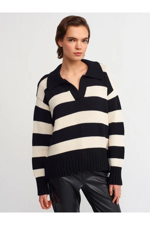 Dilvin 10195 Polo Neck Striped Sweater-black