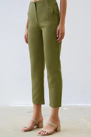 InStyle High Waist Plier Double Fabric Trousers - Khaki