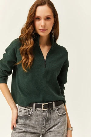 Olalook Women's Emerald Green Zipper High Neck Raised Sweater