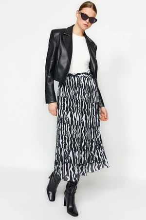 Trendyol Black Geometric Pattern Pleated Midi Woven Skirt