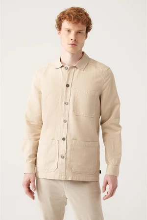 Avva Men's Beige Straight Three Pocket Linen Jacket Shirt