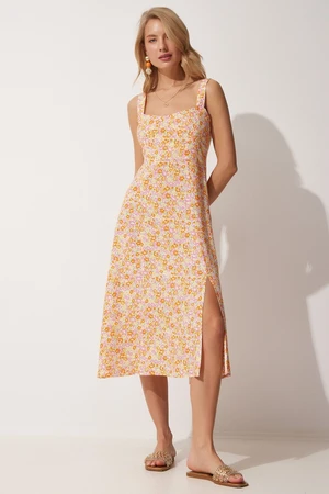 Happiness İstanbul Women's Yellow Orange Square Collar Floral Summer Viscose Dress