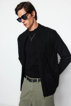 Trendyol Men's Black Slim Fit Knit Detail Zippered Pocket Knitwear Cardigan