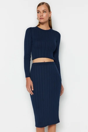 Trendyol Navy Blue Crop Knitwear Top and Bottom Set