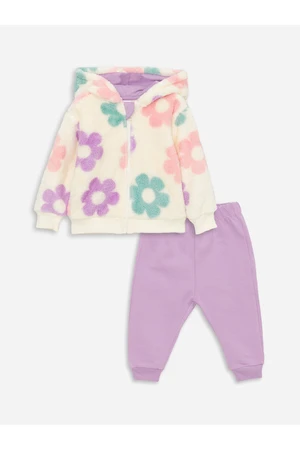 LC Waikiki Baby Girl Hooded Long Sleeve Plush Cardigan and Trousers 2-Piece Set