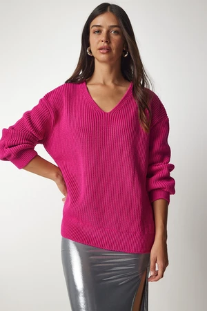 Happiness İstanbul Women's Pink V-Neck Oversize Basic Knitwear Sweater