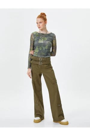 Koton Low Waist Cargo Pants Double Belt Straight Leg Cotton Pocket Detailed