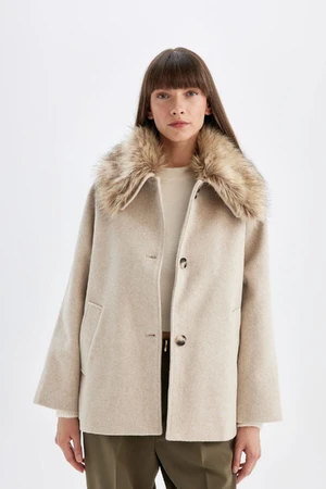 DEFACTO Faux Für Detachable Collar Buttoned Pocket Short Cashmere Coat