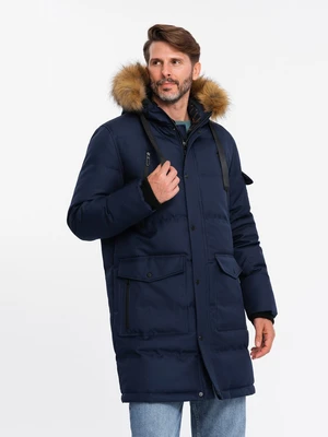 Ombre Men's long warm parka hooded jacket - navy blue