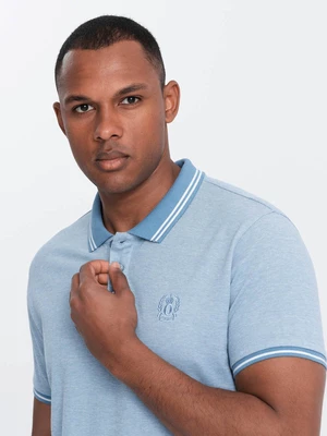 Ombre Men's melange polo shirt with striped collar - blue melange