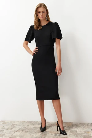 Trendyol Black A-Line Midi Pencil Skirt Woven Dress with Pleat Detail on the Sleeve