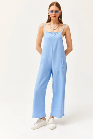 Olalook Women's Sky Blue Pocket Strappy Loose Flowy Jumpsuit