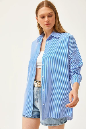 Olalook Women's Navy Blue Striped Boyfriend Woven Shirt