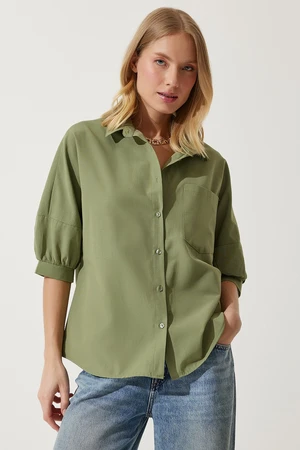 Happiness İstanbul Women's Khaki Balloon Sleeve Poplin Shirt