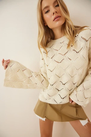 Happiness İstanbul Women's Cream Diamond Patterned Openwork Knitwear Sweater