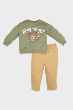 DEFACTO Baby Boy 2-Piece Set Crew Neck Teddy Bear Printed Sweatshirt Elastic Waist Trousers