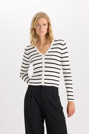 DEFACTO Fitted V Neck Striped Buttoned Ribbed Look Viscose Cardigan