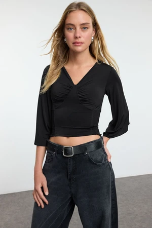 Trendyol Black Gathered/Draped Detailed Three Quarter Sleeve Flexible Knitted Blouse