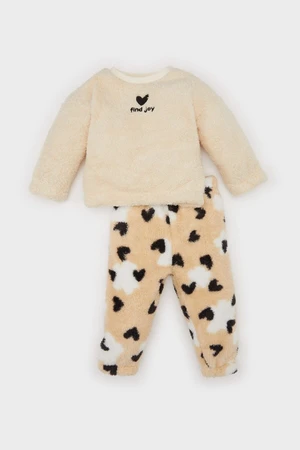 DEFACTO Baby Girl 2-Piece Set Heart Patterned Plush Sweatshirt Elastic Waist Bottom