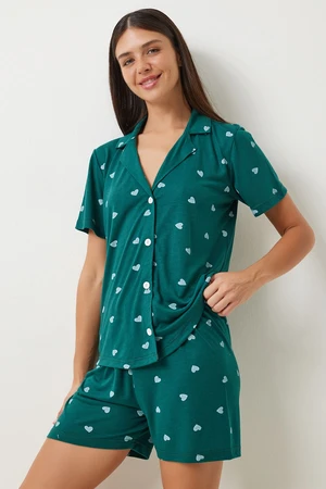 Happiness İstanbul Women's Dark Green Heart Viscose Shorts Shirt Pajama Set