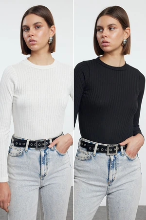 Trendyol Black-Ecru 2 Pack Crew Neck Regular/Normal Fit Knitted Blouse