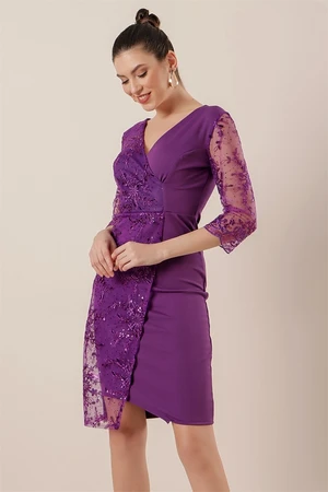 By Saygı Purple One Side And Sleeves Lace Evening Dress