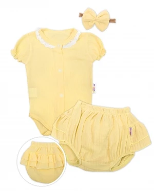 Baby Nellys 3-dílná mušelínová soupravička, body, kraťasky + čelenka GIRL, žlutá, vel. 68 (3-6m)