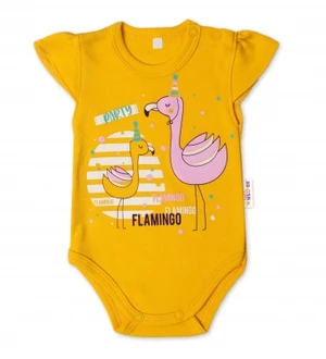 Baby Nellys Bavlněné kojenecké body, kr. rukáv, Flamingo - hořčicové, vel. 68 (3-6m)