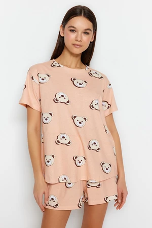 Trendyol lososová 100% bavlněná pyžama s motivem medvídka - tričko a šortky.
