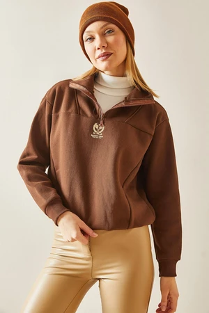 XHAN Brown Stand-Up Collar Zippered & Raised Sweatshirt