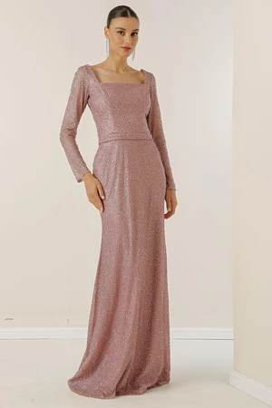 By Saygı Square Collar, Lined, Wide Size Evening Long Dress with Cut Stones.