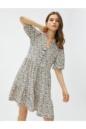 Koton Floral Mini Dress with a Big Collar Buttons