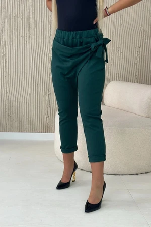 Viscose trousers with asymmetrical tie at the front, dark green