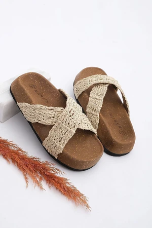 Marjin Women's Hand Knitted Mushroom Pattern Sole Cross Band Wicker Daily Slippers Parsey Beige Wicker