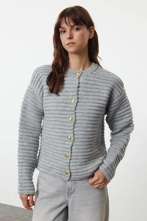 Trendyol Grey Textured Crew Neck Jacket-Looking Knitwear Cardigan