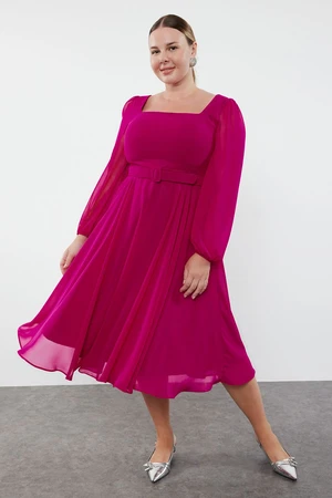 Trendyol Curve Plum Belted Square Neckline Long Balloon Sleeve Chiffon A-Line Plus Size Evening Dress