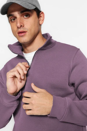 Trendyol Purple Regular/Normal Cut Stand Collar Zippered Cotton Basic Polar Fleece Sweatshirt