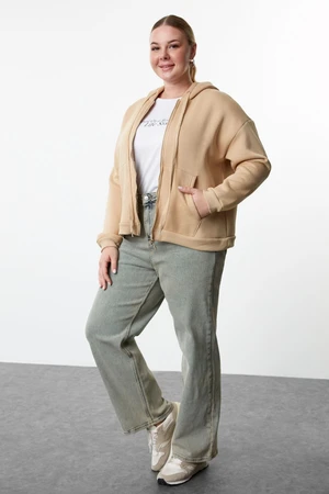 Trendyol Curve Beige Hooded Plus Size Knitted Sweatshirt with Fleece Inside and Zipper on the Front