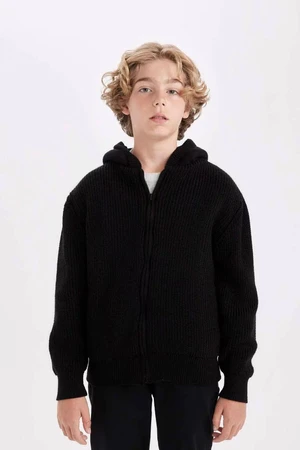 DEFACTO Boy Basic Knitwear Polar Fleece Lined Hooded Zippered Black School Cardigan