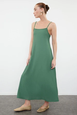 Trendyol Green Adjustable Straps Square Neck A-Line Crepe/Textured Knit Maxi Dress