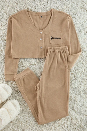 Trendyol Beige Corded Cotton Embroidered Knitted Pajama Set