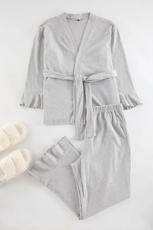 Trendyol Curve Gray Corded Soft Belted Knitted Pajama Set