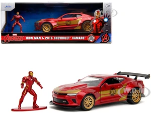 2016 Chevrolet Camaro Red Metallic and Gold and Iron Man Diecast Figure "The Avengers" "Hollywood Rides" Series 1/32 Diecast Model Car by Jada