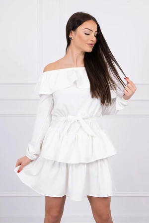 Shoulder dress with tie at waist ecru