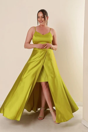 By Saygı Pistachio Green Plus Size Long Satin Dress with Thread Straps and a Slit in the Front