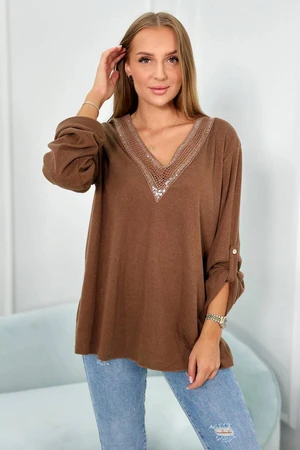 Viscose blouse with decorative mocca lace