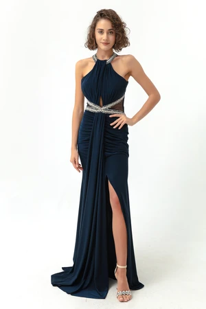 Lafaba Women's Navy Blue Stone Detailed Tail Long Evening Dress.