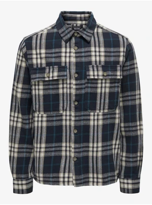 Beige-Blue Mens Plaid Flannel Shirt ONLY & SONS Scott - Men